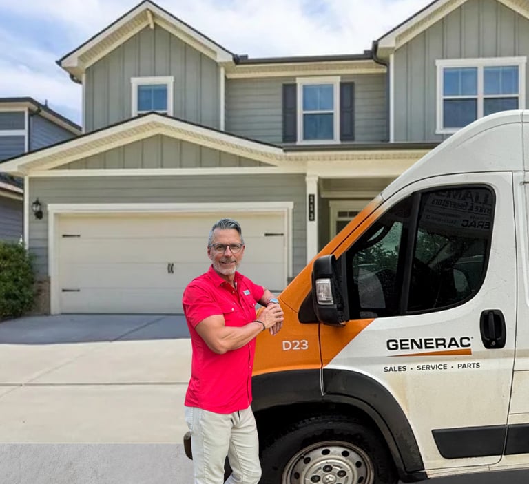 Brad leaning on a Williams Electric Service & Generators Truck in front of a Peachtree City, GA Home