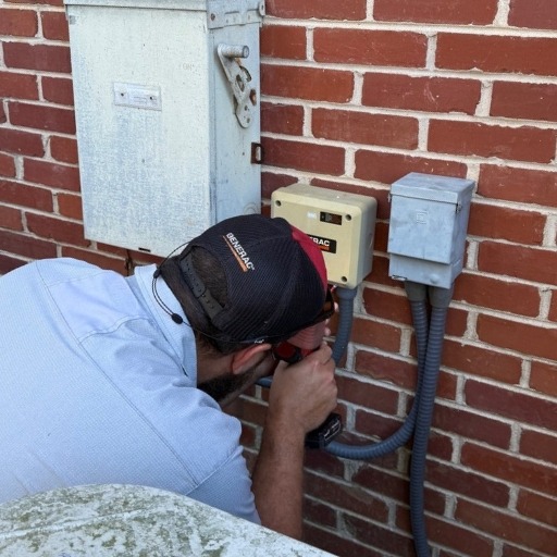 A Williams Generac Tech working on a Generac power box attached to a house