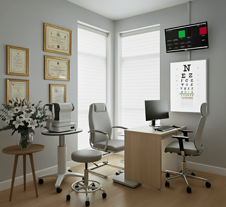 Modern optometrist clinic with eye-exam equipments and certificates on the wall.