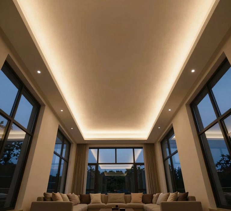 Wide-angle architectural interior photography of a modern living room ceiling with glowing warm LED cove lights, cool ambient twilight filtering through windows, symmetrical composition, sharp focus.
