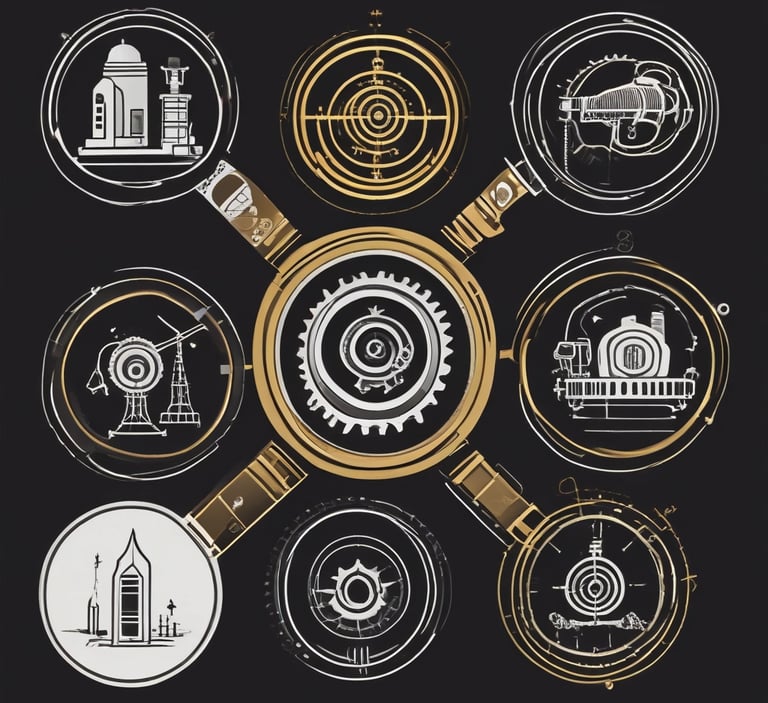 Black background with four large gold circles horizontally aligned, each containing a black icon: magnifying glass, light bulb, rocket, and medal, connected by a thin gold horizontal line.