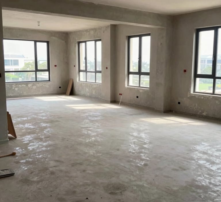 Wide shot of a mid-construction residential apartment interior in Mumbai — freshly laid large-format floor tiles in an open living space, natural morning light through window openings, no workers, materials and tools visible at the edge of frame