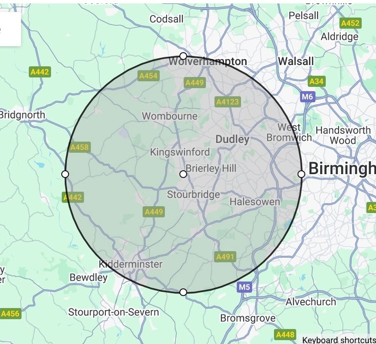 Service area map showing The Paw-sitive Experience’s coverage around Stourbridge, Kingswinford, Dudley, and surrounding areas