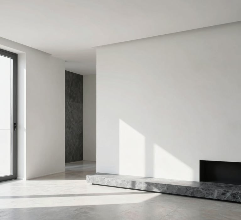 Bright architectural photography of a modern renovated living room with clean plaster walls, natural daylight, minimalist aesthetic, slate gray accents, 35mm lens.