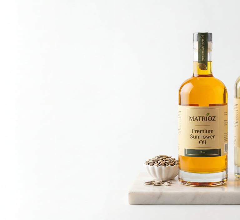Bottles of Matrioz premium sunflower oil and palm olein oil on a marble tray with seeds.