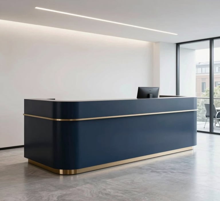 A bright and airy commercial office reception in London with a sophisticated charcoal blue desk and light silver flooring, clean modern aesthetic.