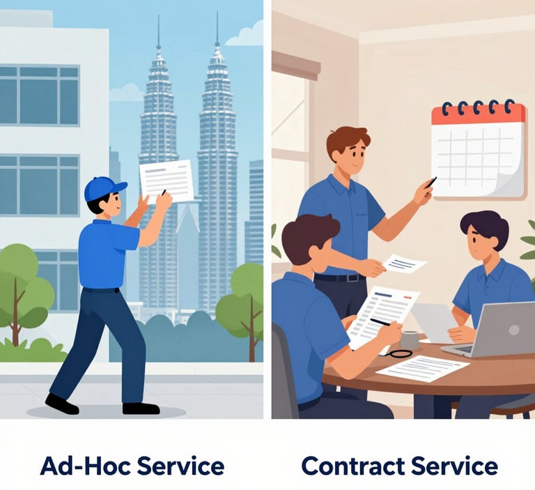 Technician checking HVAC system controls inside a modern commercial building.