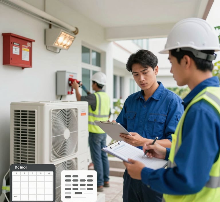 Technician checking HVAC system controls inside a modern commercial building.