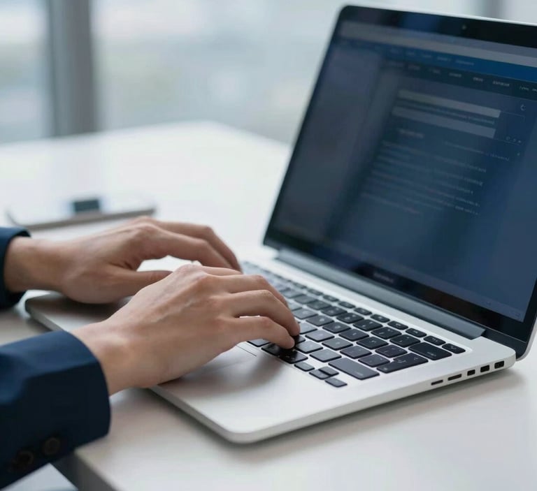 Hands of a professional typing on a sleek laptop keyboard, clean modern office desk, soft natural daylight, deep blue tones