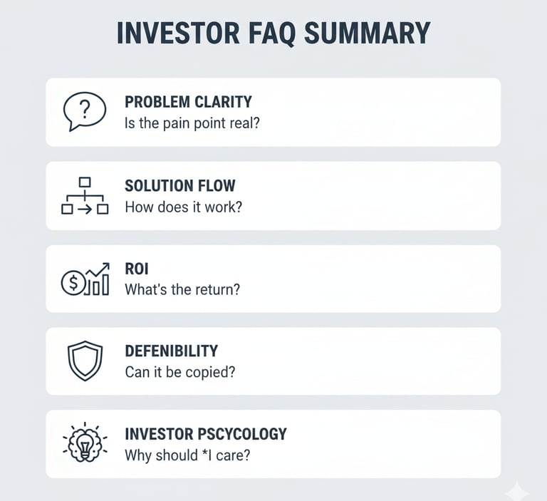 A visual summary of key FAQ topics about crafting Problem and Solution slides for VC pitch decks.