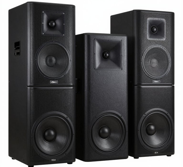 Professional black floor-standing stage speakers and studio monitors for high-fidelity audio systems.