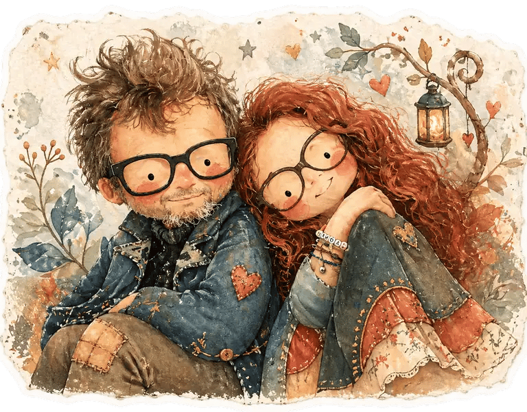 Ritratto illustrato di Fabio e Guendalina nello stile dei personaggi delle favole di Guance Rosse.