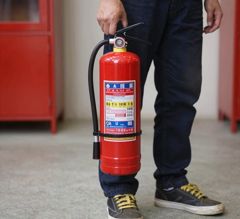 Close-up of a red fire extinguisher mounted on a clean white wall in a modern office setting