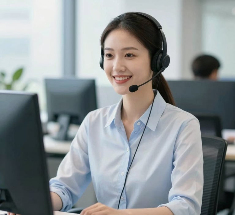 Professional customer service representative smiling in a bright, natural office setting with clean corporate blue and white tones, shallow depth of field.