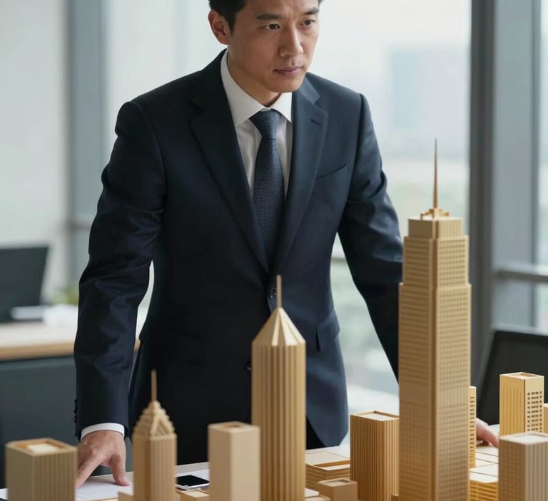 A professional portrait of a business strategist looking at a minimalist architectural model of a city. The scene is lit with natural, cool morning light. The environment features dark navy and gold tones, projecting an image of authority, foresight, and high credibility.