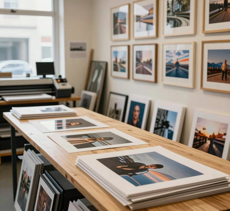 Wide shot of a warm tungsten-lit print studio interior, counter stacked with finished prints and mounted frames on the right wall, printing equipment visible in the background left, natural daylight from a shop window cutting across the counter