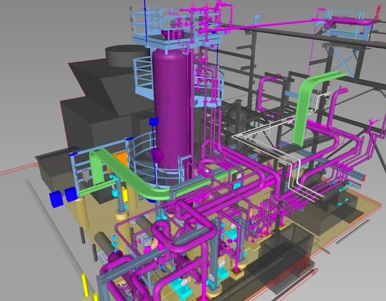 A 3D CAD model of an industrial facility with detailed pink and green piping systems and mechanical equipment.