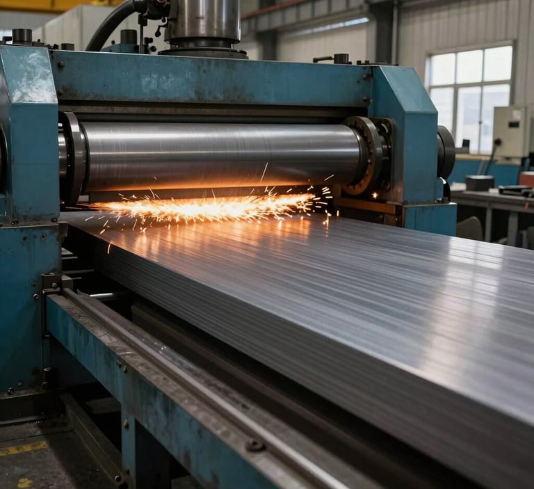 A heavy-duty industrial rolling machine processing a thick steel plate in a professional workshop, sparks visible, sharp focus on the machinery and metal texture, Latin American industrial setting.