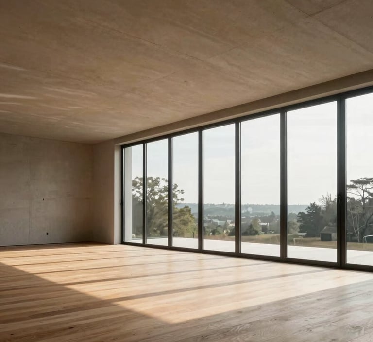 Wide architectural interior of a completed luxury villa, shot from a low angle — floor-to-ceiling glazing on the far wall floods the room with soft north-facing daylight, a clean concrete ceiling plane above, warm oak flooring below, no furniture staging, pure volume and light, generous negative space toward the upper left quadrant