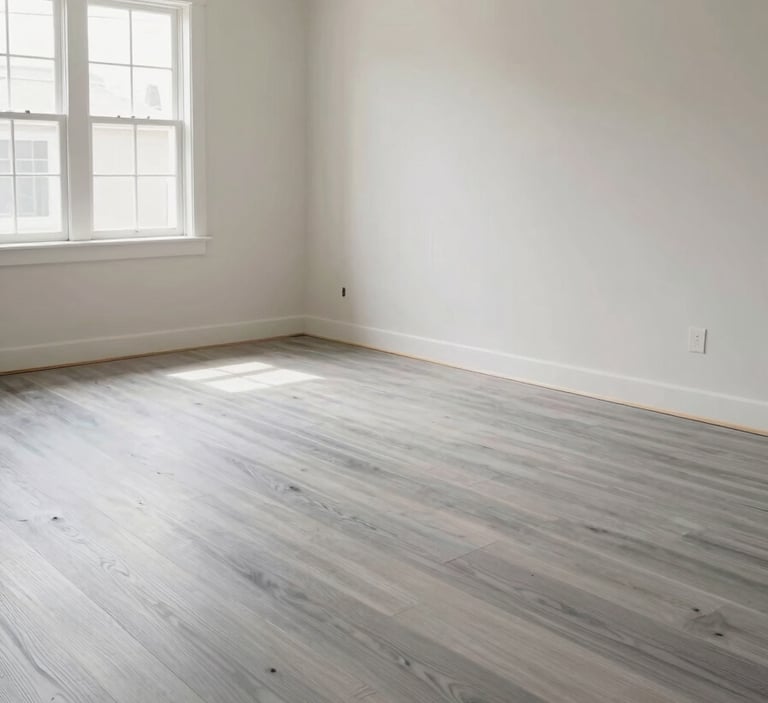 Modern interior of a renovated North American / New Mexican living room, showing professional painting and floor remodeling. Soft natural light, high-end finish, Silver and Off-White palette, emphasizing a clean and reliable transformation.