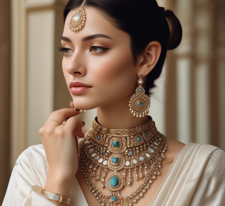 A delicate and elegant jewelry set consisting of a necklace and a pair of matching earrings is displayed against a plain light background. The necklace features a series of round and square gemstones in shades of silver and light yellow, arranged along a thin chain. The earrings are intricate clusters of similarly colored stones.