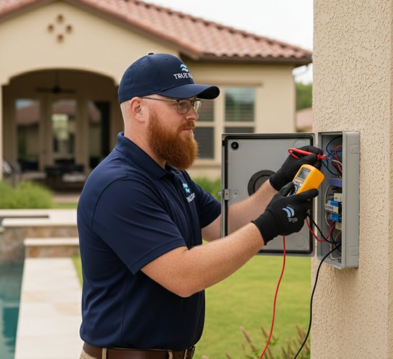Pool repair technician performing electrical diagnostics on a pool light system to identify wiring and safety issues