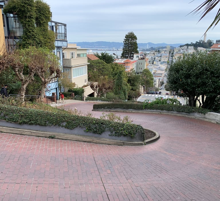 A winding brick road on Lombard Street in San Francisco with city views and lush gardens.