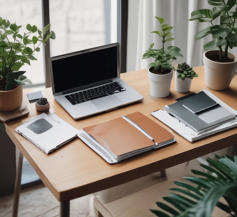 Minimalist wooden home office desk featuring a laptop, journals, and potted green plants.