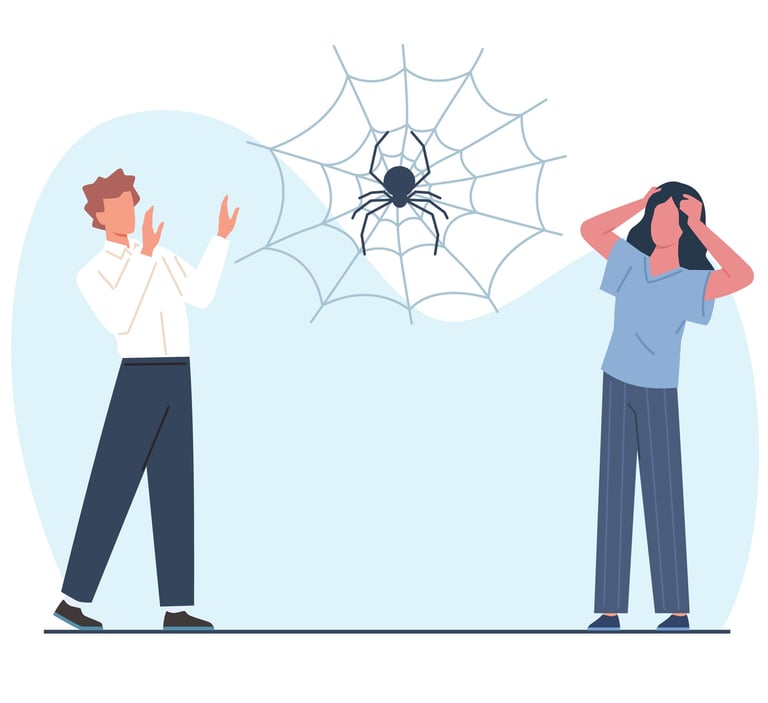 zwei Personen haben Angst vor einer Spinne zwischen ihnen. Bild im Comicstyle.