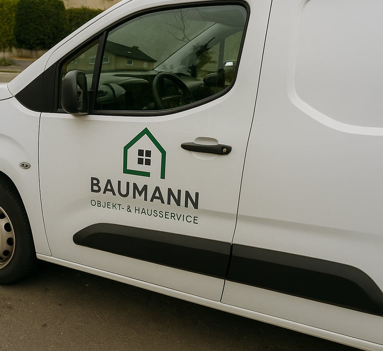 Arbeitsbus von Baumann Objekt- & Hausservice mit Logo drauf