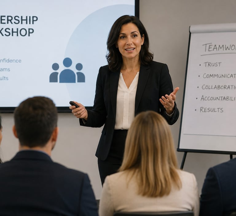 A female professional speaker leads a leadership workshop presentation on teamwork for a corporate audience.