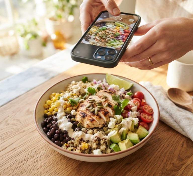 Overhead macro food shot of a vibrant high-protein chicken bowl being filmed with a smartphone in a bright, sunlit kitchen, shallow depth of field, 35mm