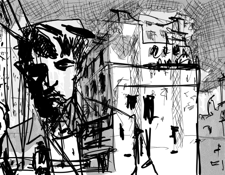 Man in a chaotic city scenery in graphic novel style - black ink with gray watercolour