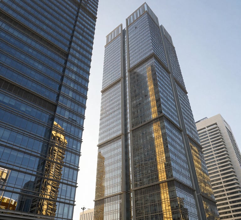 Wide-angle architectural perspective of modern glass skyscrapers in Downtown Dubai under bright, high-key natural morning light, sharp professional focus, deep navy and gold reflections.
