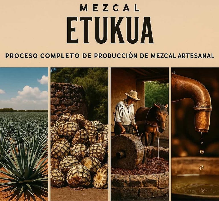 Collage de cuatro imágenes mostrando la secuencia de producción del mezcal: agave en campo, piñas