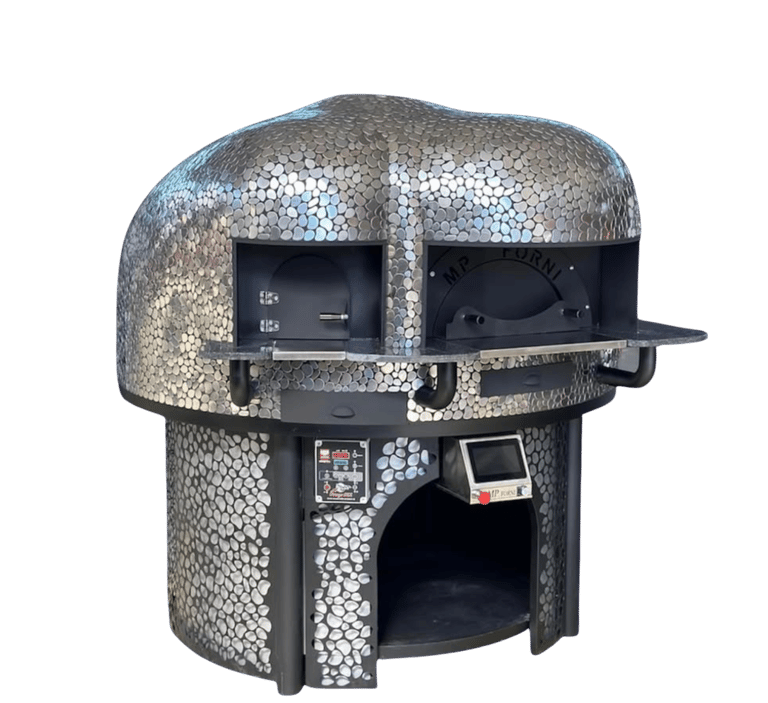 A silver mosaic wood-fired pizza oven with a dual opening design for commercial kitchen use.