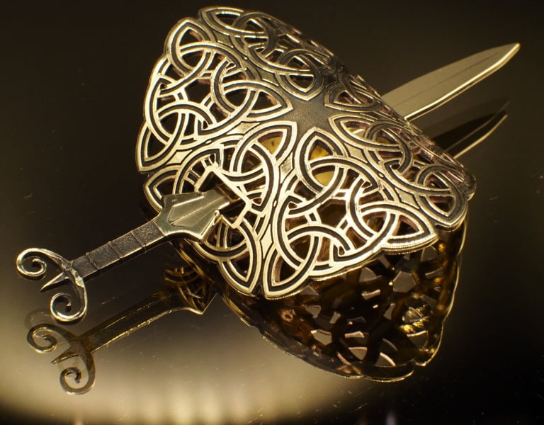 Celtic styled brass hairpin with short sword, custom jewelry laser cut