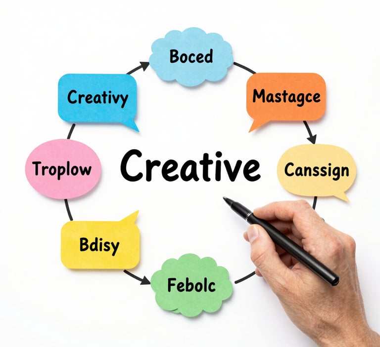 Hand pointing to a creative process diagram with colorful speech bubbles and brainstorm keywords.
