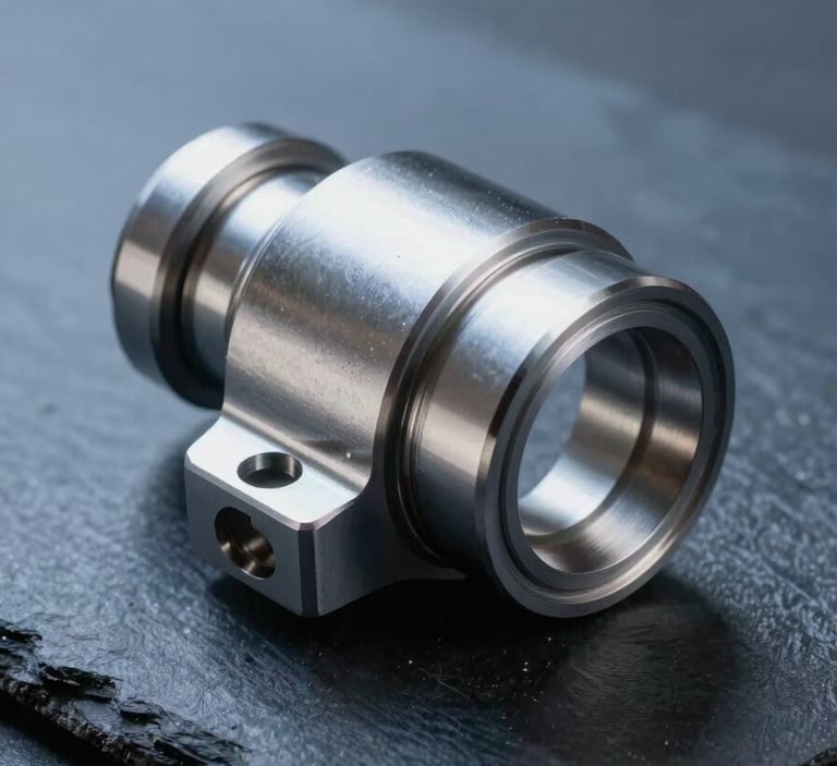 A sleek, highly polished metallic spare part resting on a dark slate blue industrial surface, softly lit to highlight its flawless, precision-engineered edges, representing robust reliability.