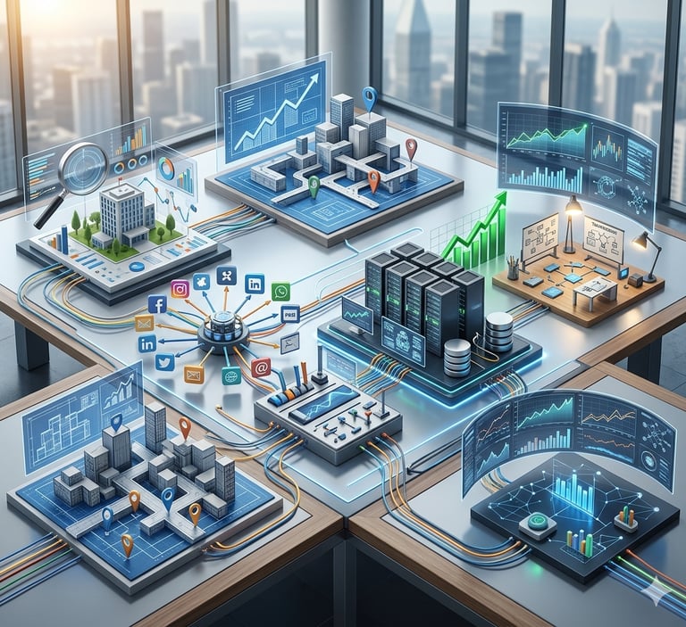 Digital twin city model showing data visualization, server infrastructure, and social media integration on a futuristic desk.