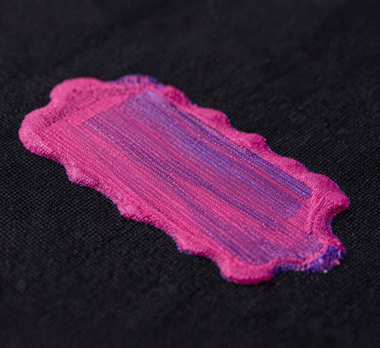 Extreme close-up of vibrant magenta ink layers drying on a heavy black cotton fabric, sharp studio lighting with subtle purple gel accents, macro detail, 50mm