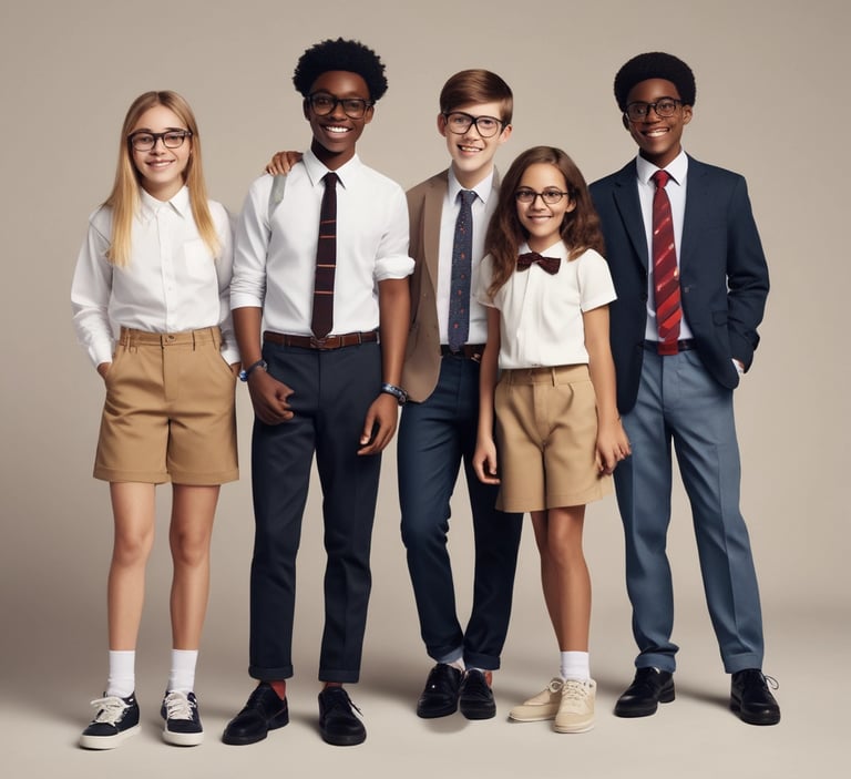 A lush, green landscape with a manicured lawn surrounded by tall trees and bushes under a clear blue sky. A dark-colored car is parked near a small white building. The shadows of the trees create a dynamic interplay of light and dark areas.