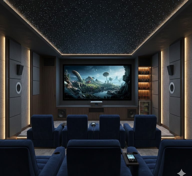 Luxury home cinema installation London with 4K screen and theater seating.