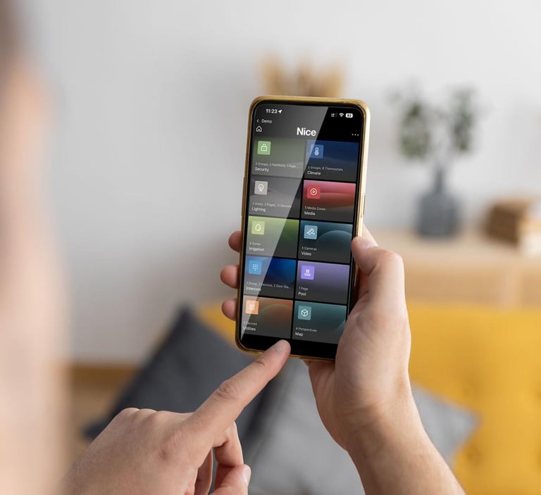 Nice ELAN smart home app on smartphone for remote lighting and security control.