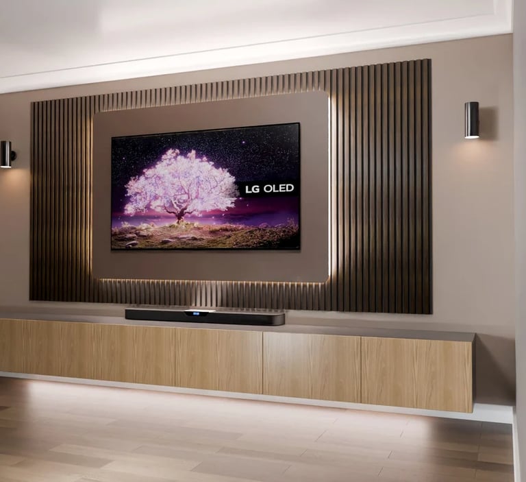 Custom-built illuminated media wall with integrated 4K TV installation by Mount My TV