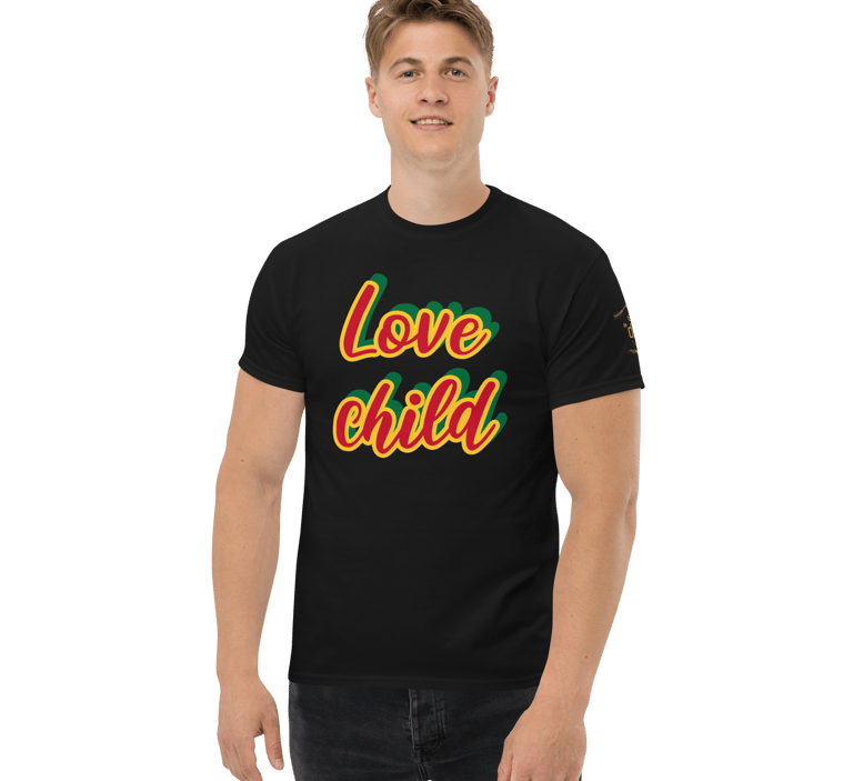 a man in a black shirt with the words love child on it