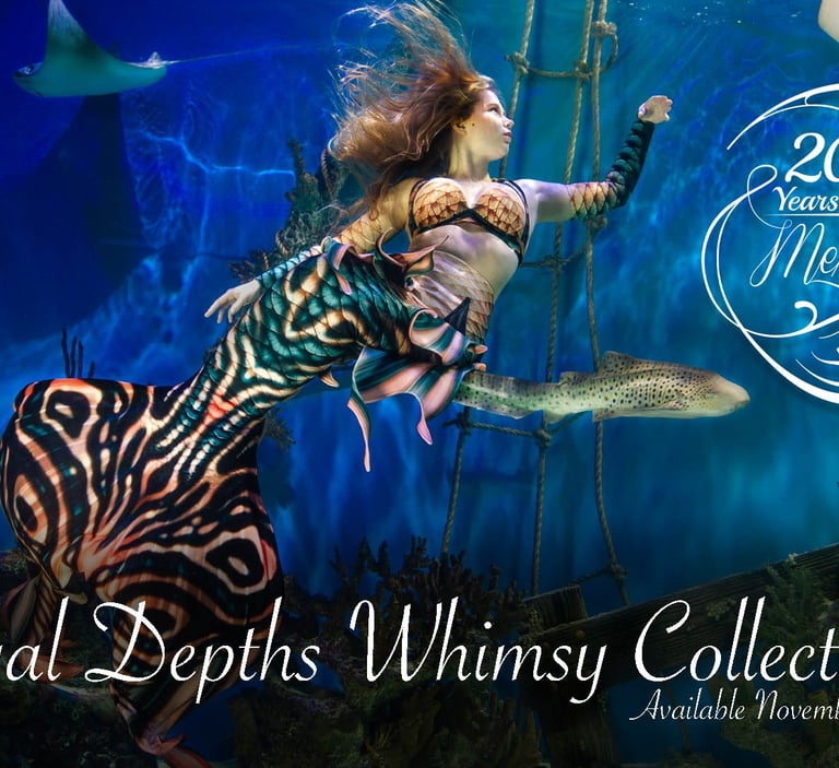 A mertailor performing mermaid wearing an elaborate whimsy tail underwater.