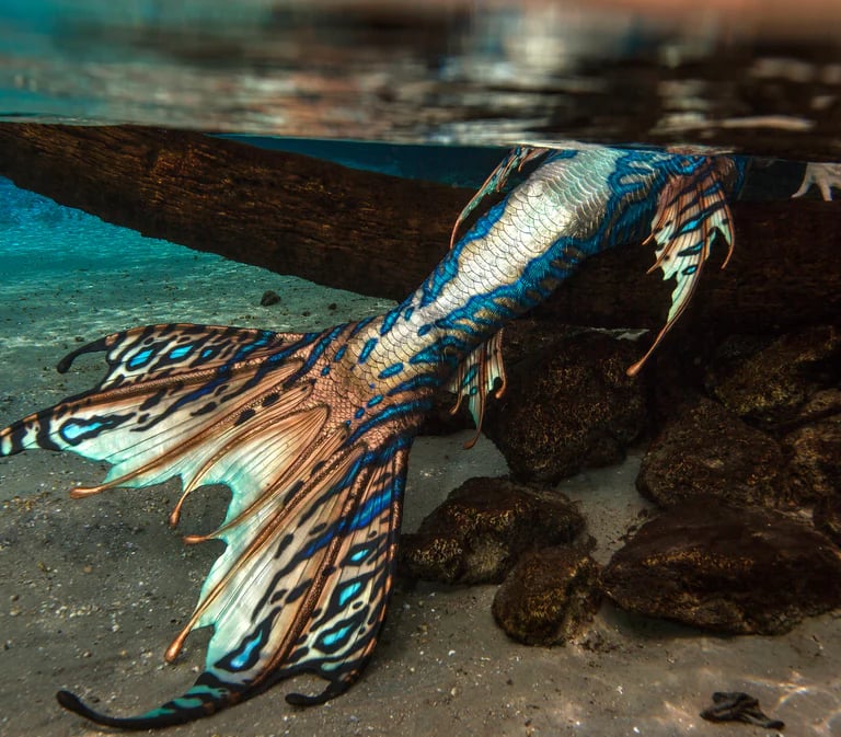 A shimmering copper, white, and blue tail by Merbella.