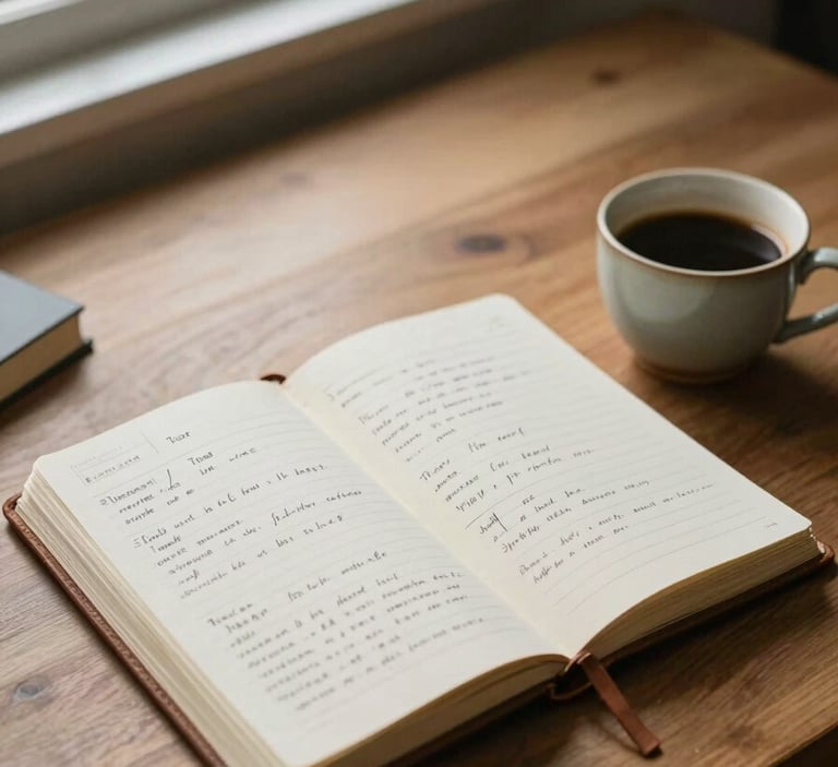 Wide environmental shot, a near-empty working desk seen from slight overhead, a worn leather notebook open to handwritten strategic notes, a ceramic cup of coffee to one side, north-facing window light raking across paper texture, muted warm tones, no people