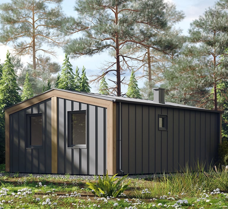 Nowoczesny dom modułowy wykończony antracytową blachą